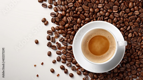 cup of hot coffee on a white table with a few coffee beans around it