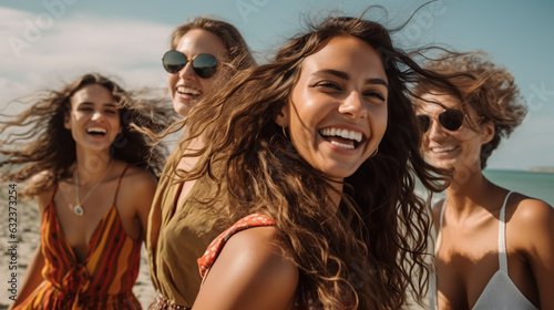 A group of friends having fun at the beach  showcasing their radiant  sun-kissed skin and the need for post-sun skincare care to keep it glowing and nourished. 