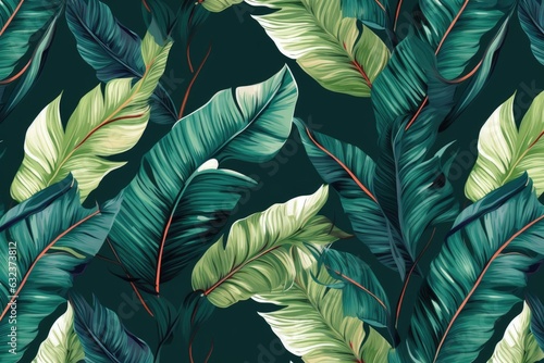 Banana leaves decorate the tropical landscape. a continuous design with tropical foliage. Generative AI