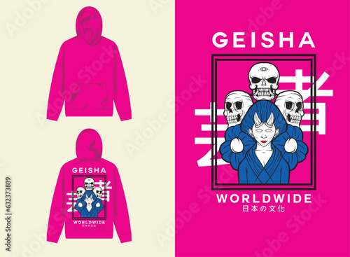 japanese geisha with three skull head design for streetwear needs