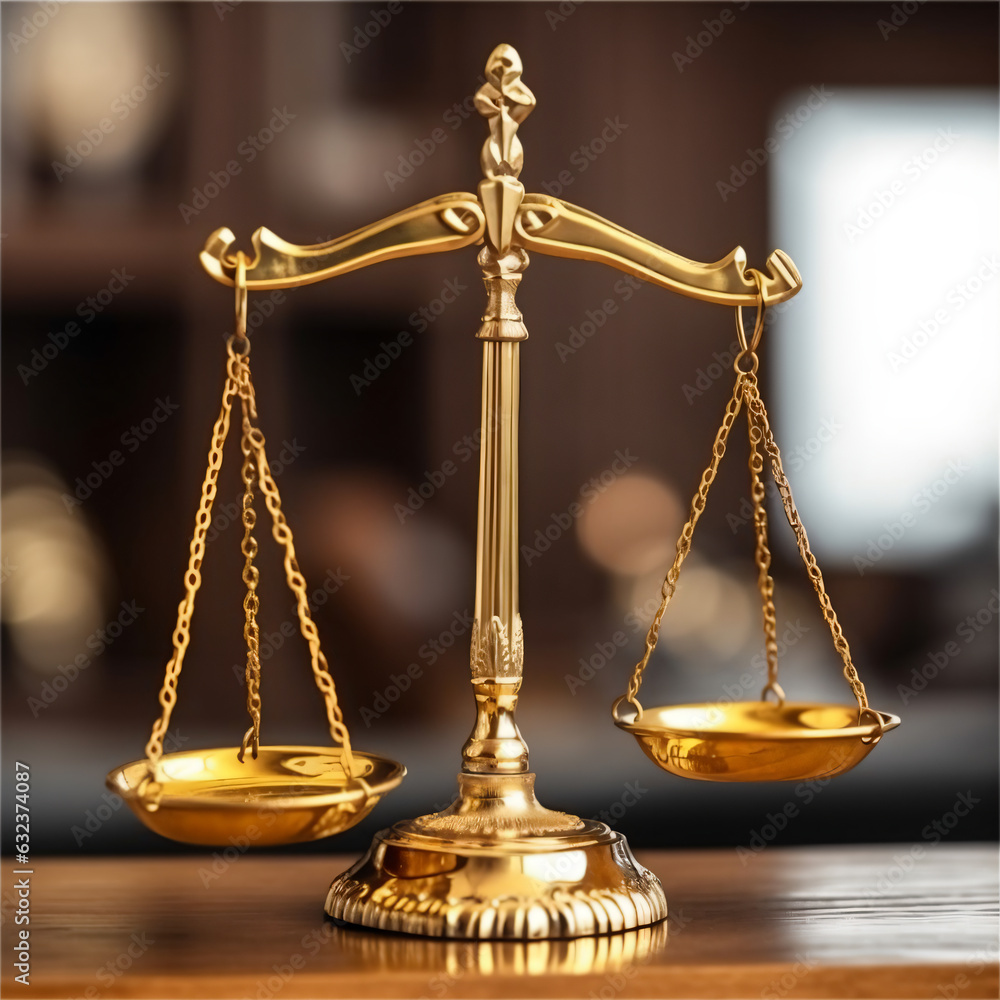 Shiny golden balanced scale and wooden gavel in law firm or lawyer office background - Generative AI Shiny golden balanced scale and wooden gavel in law firm or lawyer office background - Generative AI