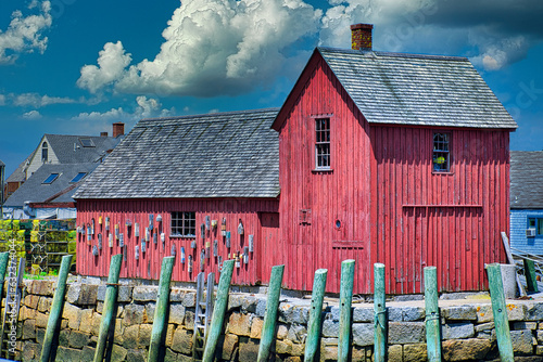 Historical red coastal fishing shack a tourist attraction in Rockport Massachusetts photo