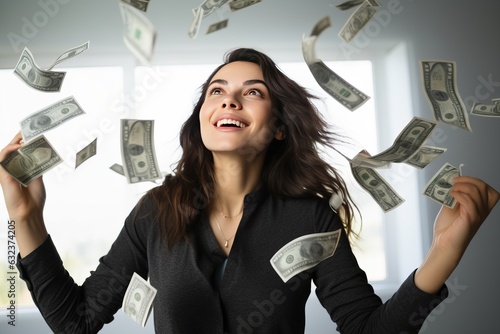 Woman with cash falling fro...