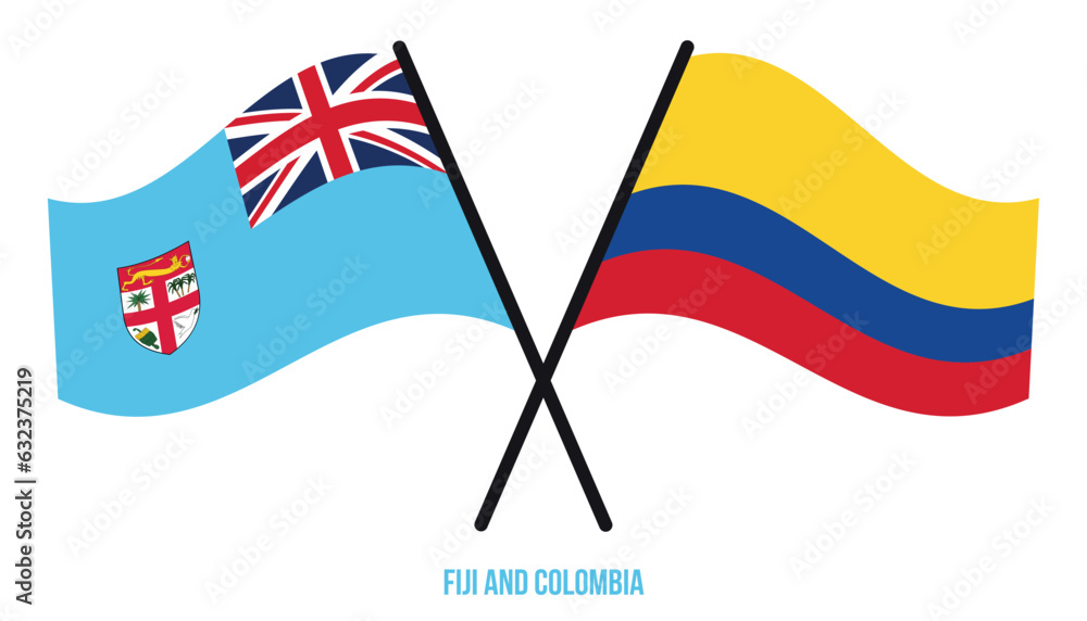 Fiji and Colombia Flags Crossed And Waving Flat Style. Official Proportion. Correct Colors.