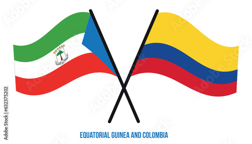 Equatorial Guinea and Colombia Flags Crossed And Waving Flat Style. Official Proportion.