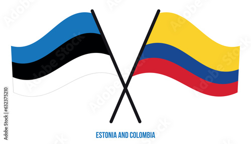 Estonia and Colombia Flags Crossed And Waving Flat Style. Official Proportion. Correct Colors.