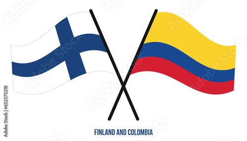 Finland and Colombia Flags Crossed And Waving Flat Style. Official Proportion. Correct Colors.