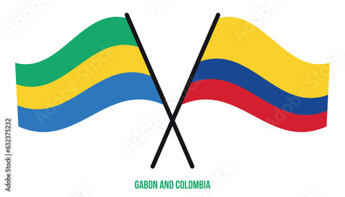 Gabon and Colombia Flags Crossed And Waving Flat Style. Official Proportion. Correct Colors.