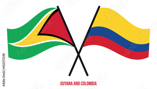 Guyana and Colombia Flags Crossed And Waving Flat Style. Official Proportion. Correct Colors.
