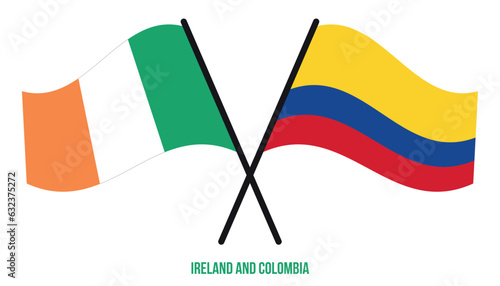 Ireland and Colombia Flags Crossed And Waving Flat Style. Official Proportion. Correct Colors.