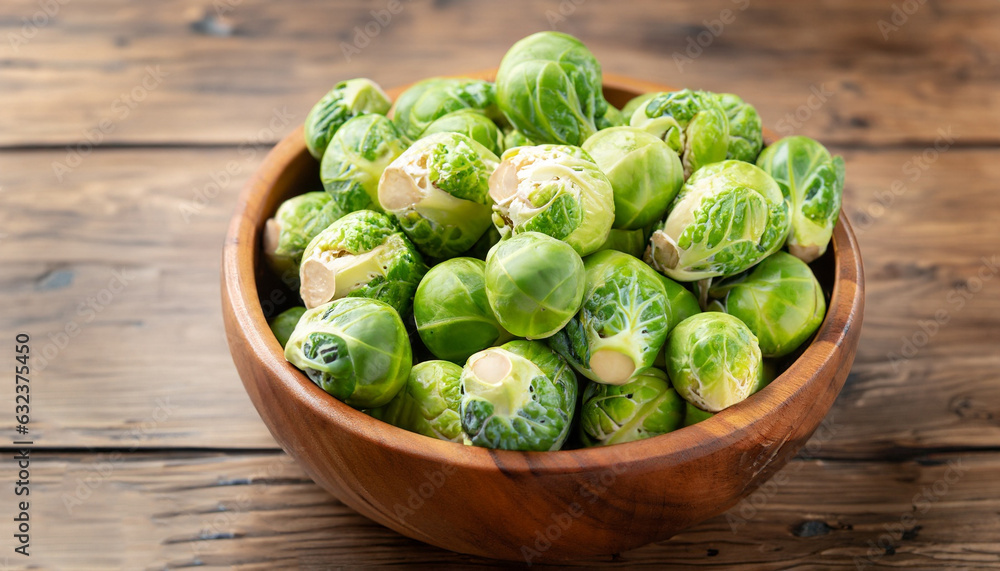 Green raw Brussels sprouts in a wooden bowl on a rustic wooden table, selective focus Green raw Brussels sprouts in a wooden bowl on a rustic wooden table, selective focus