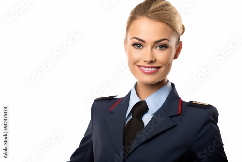 a closeup photo of a beautiful young female white caucasian american european stewardess with uniform standing isolated on white studio background. ready for plane flight in the airport. Generative AI