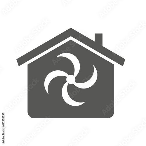 Microclimate home. Icon cooling apartment or home. House and fan icon. Air conditioning symbol. Vector illustration. Eps 10.