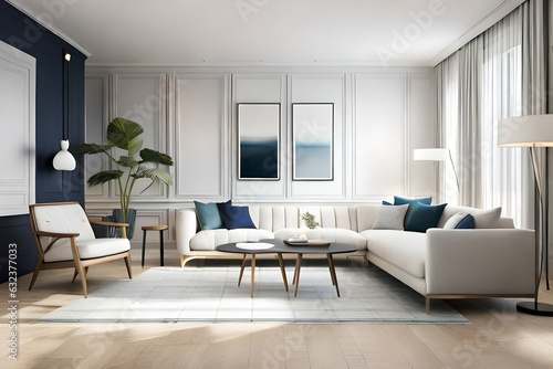 White living room with sofa. Scandinavian interior design 3D illustration