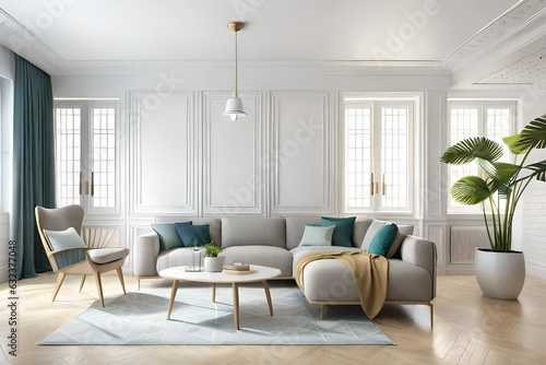 White living room with sofa. Scandinavian interior design 3D illustration. Modern living room