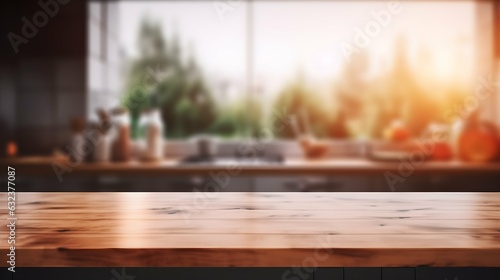 Empty wooden table over blurred kitchen interior background  product display montage