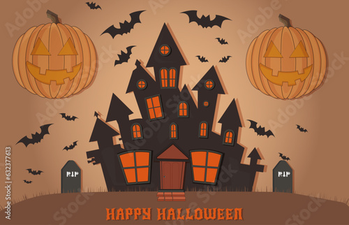 Happy Halloween hallowen background, cartoon horror castle scenery scary catle,  stones grave in dark forest hill, vector illustration.