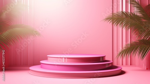 3D realistic pink podium with steps and leafs background for product placement 