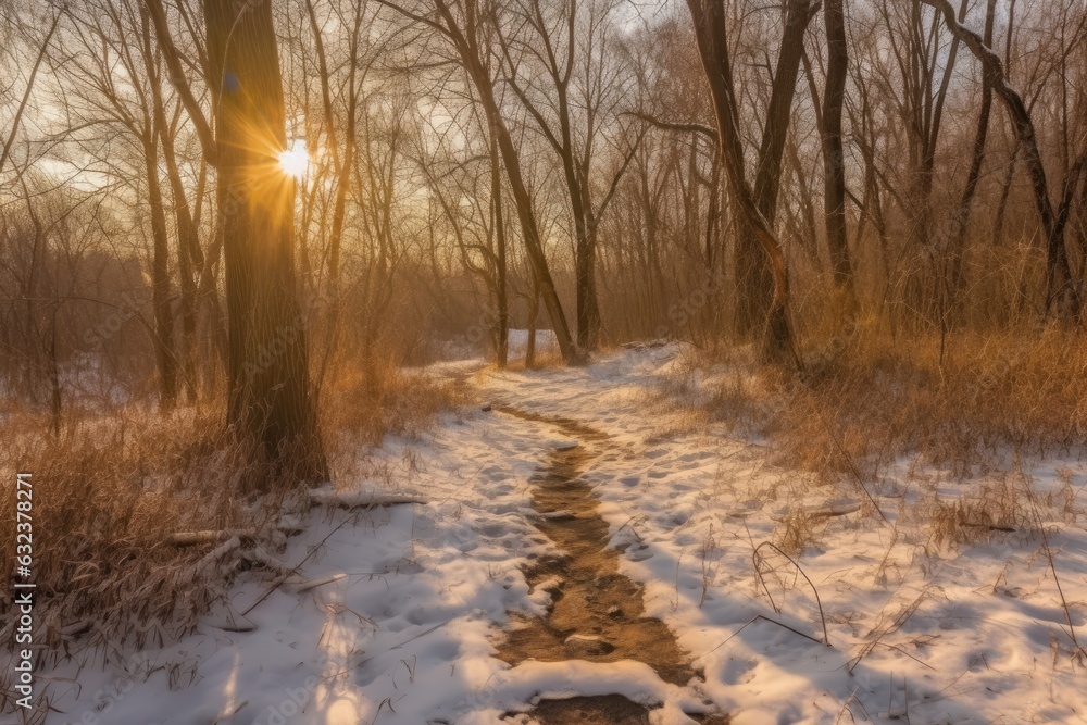 bright sunset in a wintertime woodland. Generative AI bright sunset in a wintertime woodland. Generative AI