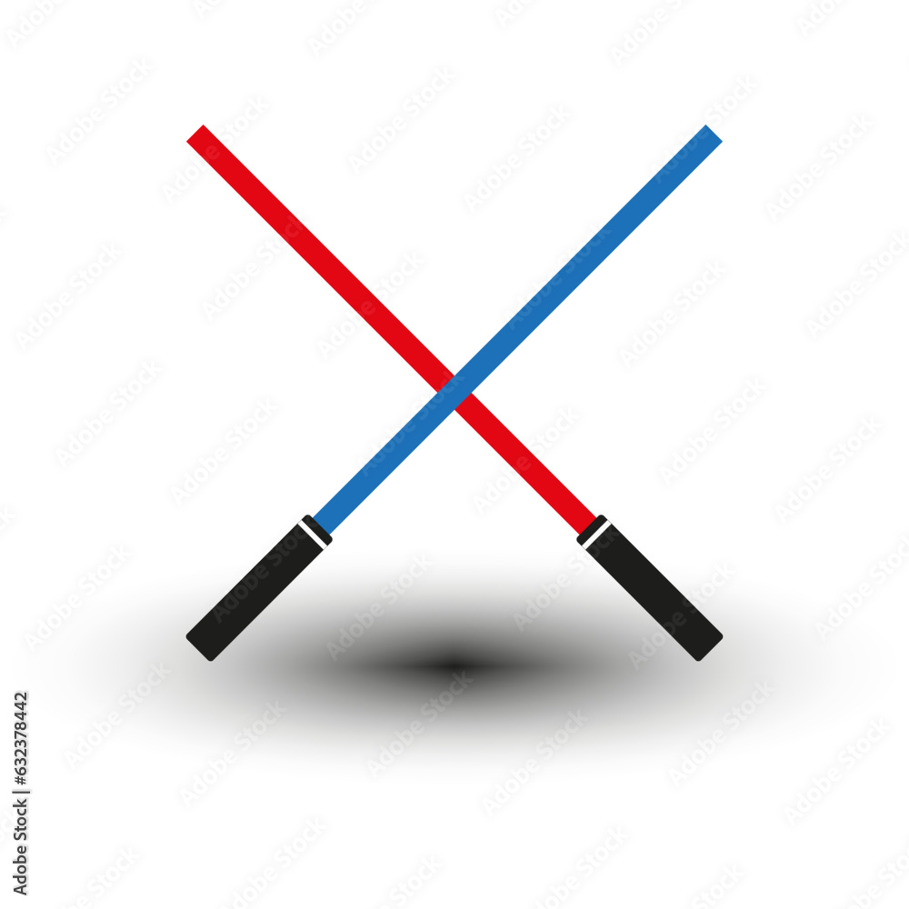 Light swords icon. Blue and red crossing lasers. Two light swords. Two crossed light swords fight. Vector illustration. Eps 10.