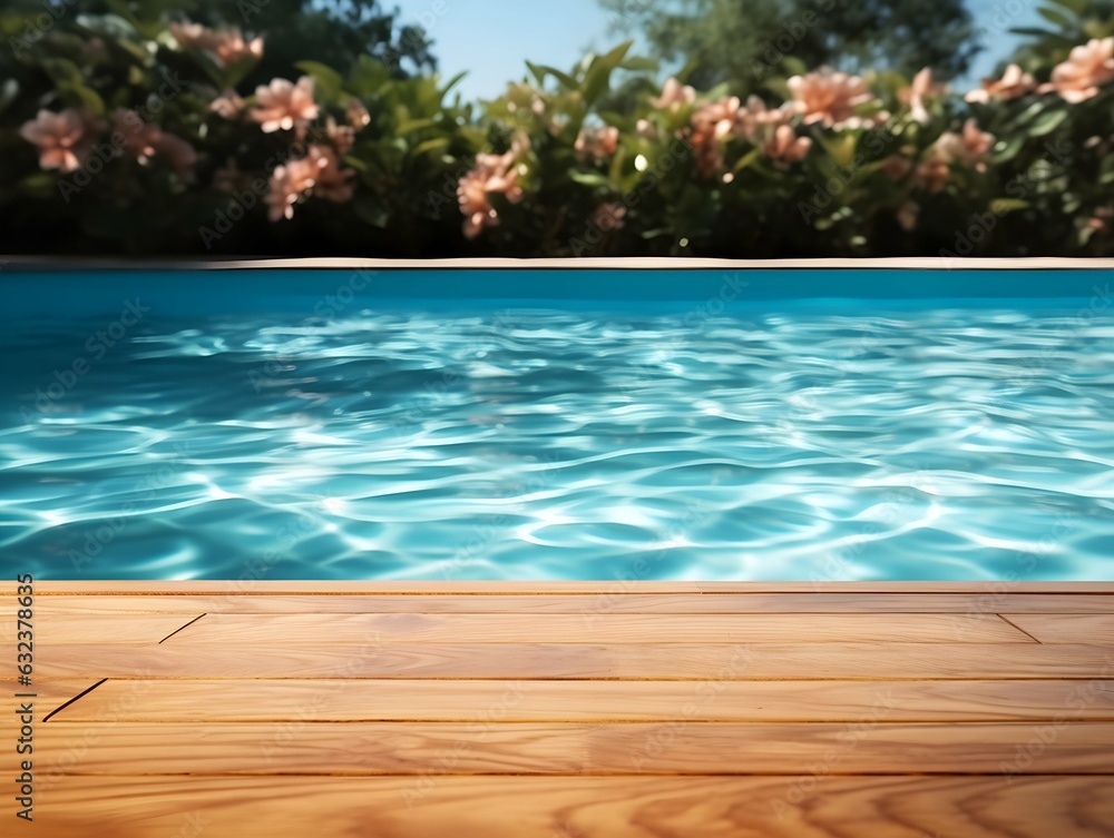 Fototapeta premium Wooden deck table top on swimming pool background, summer vacation concept