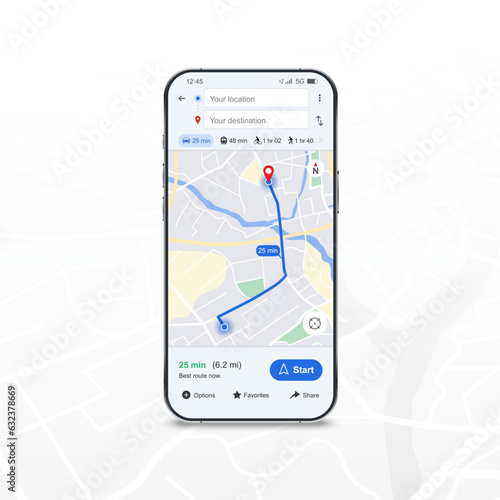 GPS Mobile Map navigation application UX UI concept design , Realistic Smartphone with GPS route map location destination and red pinpoint on screen , City street, navigation maps , Vector EPS10 