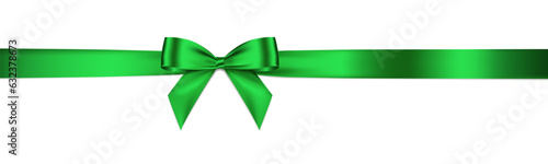 Green bow and horizontal ribbon realistic shiny satin with shadow for decorate your christmas card or website vector EPS10 isolated on white background.