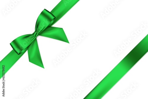 Green ribbon and bow realistic shiny satin with shadow place on left corner of paper for decorate your christmas card , certificate , gift card or website vector EPS10 isolated on white background.