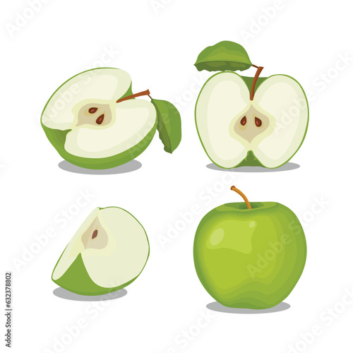Vector illustration of isolated colored green apple whole, slice, cut on white background. Healthy food vegetarian fruit in cartoon style. Sliced, cut apple collection elements for infograpgic designs