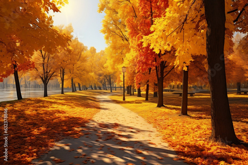 Golden Autumn Splendor: Vibrant Foliage and Sunny Path in Enchanting Forest