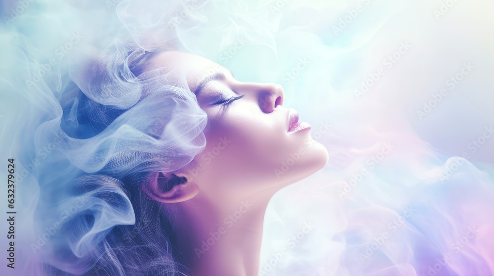 Woman sleeping and dreaming. Psychic girl considers mind and heart, spirituality, esotericism. Psychic waves concept, Generative AI illustration Woman sleeping and dreaming. Psychic girl considers mind and heart, spirituality, esotericism. Psychic waves concept, Generative AI illustration