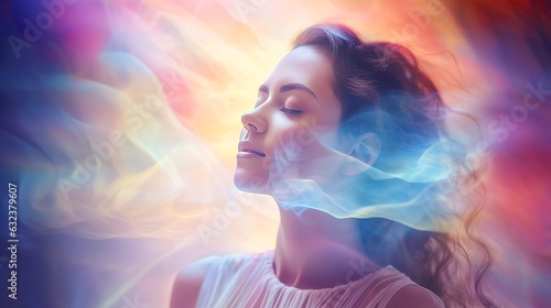 Obraz na płótnie Woman sleeping and dreaming. Psychic girl considers mind and heart, spirituality, esotericism. Psychic waves concept, Generative AI illustration w salonie