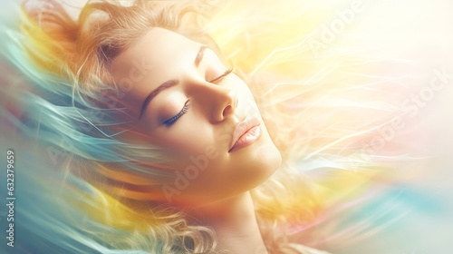 Woman sleeping and dreaming. Psychic girl considers mind and heart, spirituality, esotericism. Psychic waves concept, Generative AI illustration