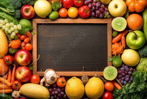 Top view of empty frame amidst fresh vegetables and fruits. generative ai