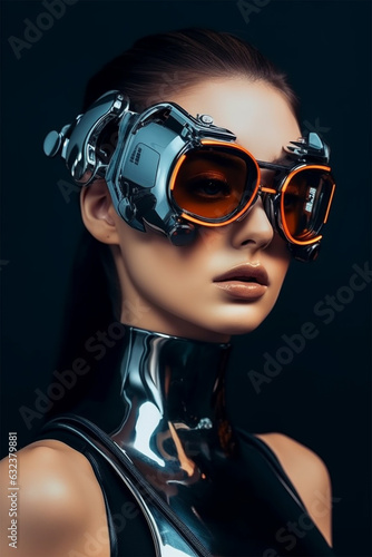 A beautiful athletic girl with a VR headset and a black latex suit, immersed in virtual reality and using augmented reality technology. 