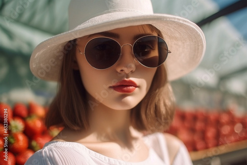 young beautiful woman in glasses, a hat and a white dress against the background of rows of strawberries at a farmer's market
