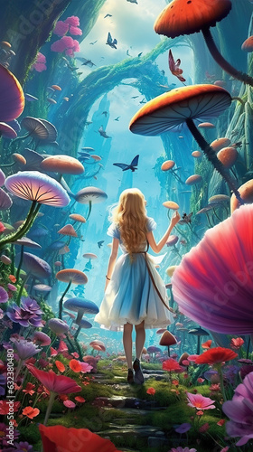 a beautiful girl in the surreal world of wonders. Giant mushrooms and vibrant colors
