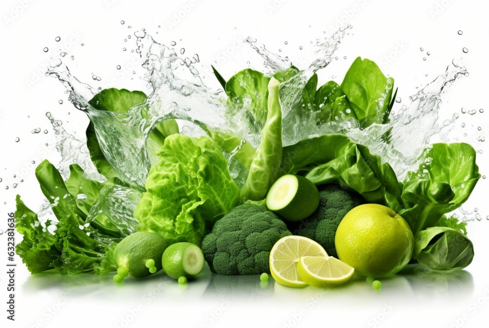 fresh green vegetables with water splashes isolated on white background. generative ai - obrazy, fototapety, plakaty 