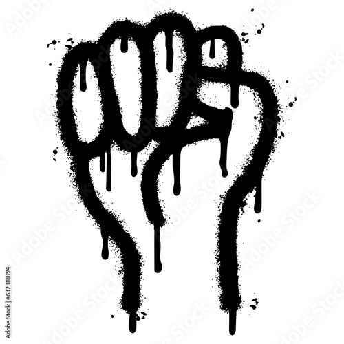 Spray Painted Graffiti fist hand icon Sprayed isolated with a white background. graffiti fist power symbol with over spray in black over white.