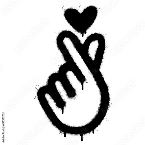 Spray Painted Graffiti Korean heart sign Sprayed isolated with a white background. graffiti Finger love symbol with over spray in black over white.