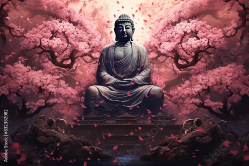 cherry blossom tree with buddha standing under it Generative AI