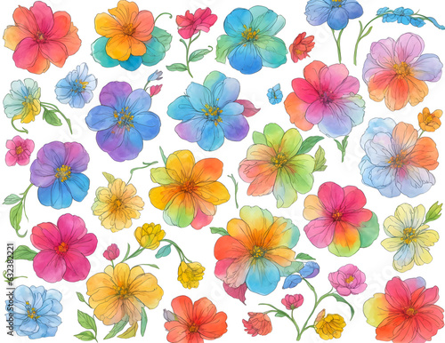 set of colorful flower vibrant watercolor on transparent background