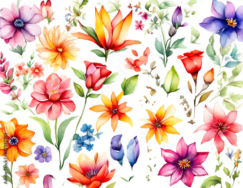 set of colorful flower vibrant watercolor on transparent background
