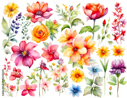 set of colorful flower vibrant watercolor on transparent background © Nisit
