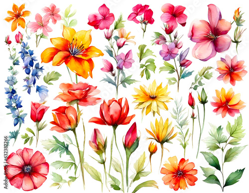 set of colorful flower vibrant watercolor on transparent background © Nisit