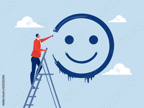 Positive thinking concept,happy businessman  climb up  stairs  ladder to painting ing smile face on wall with roller vector illustration.
