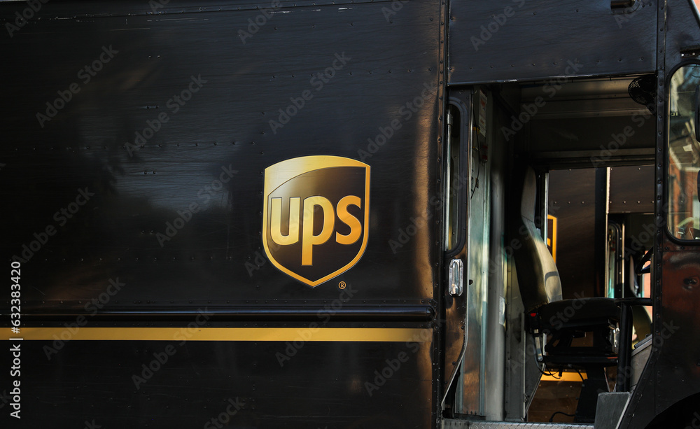 Boston, MA, USA, August 7, 2023, United Parcel Services, UPS logo, a