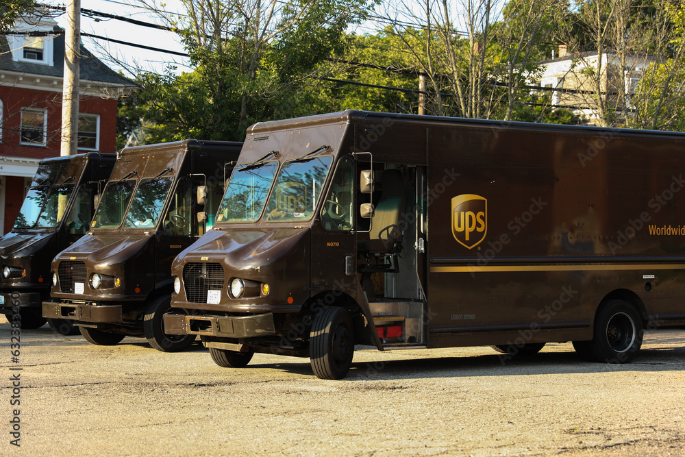 Boston, MA, USA, August 7, 2023, United Parcel Services, UPS logo, a