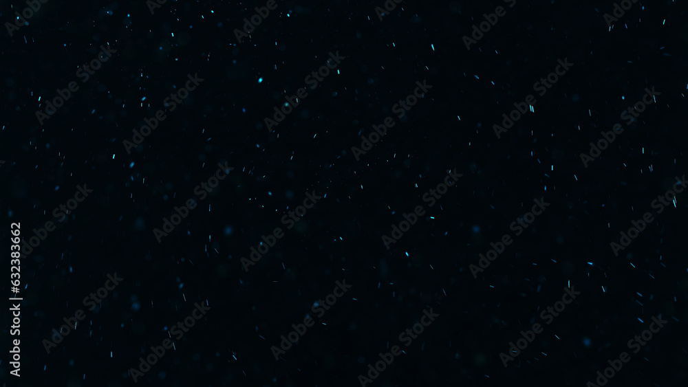 Glowing particles. Sparkles texture. Shimmer rain. Blur blue color light dust flakes floating on dark black free space abstract background.