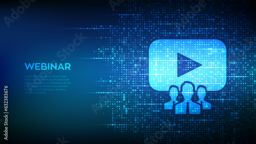Webinar. Internet conference icon made with binary code. Web based seminar. Distance Learning. E-learning. Business Training. Digital binary data streaming digital code background. Vector illustration